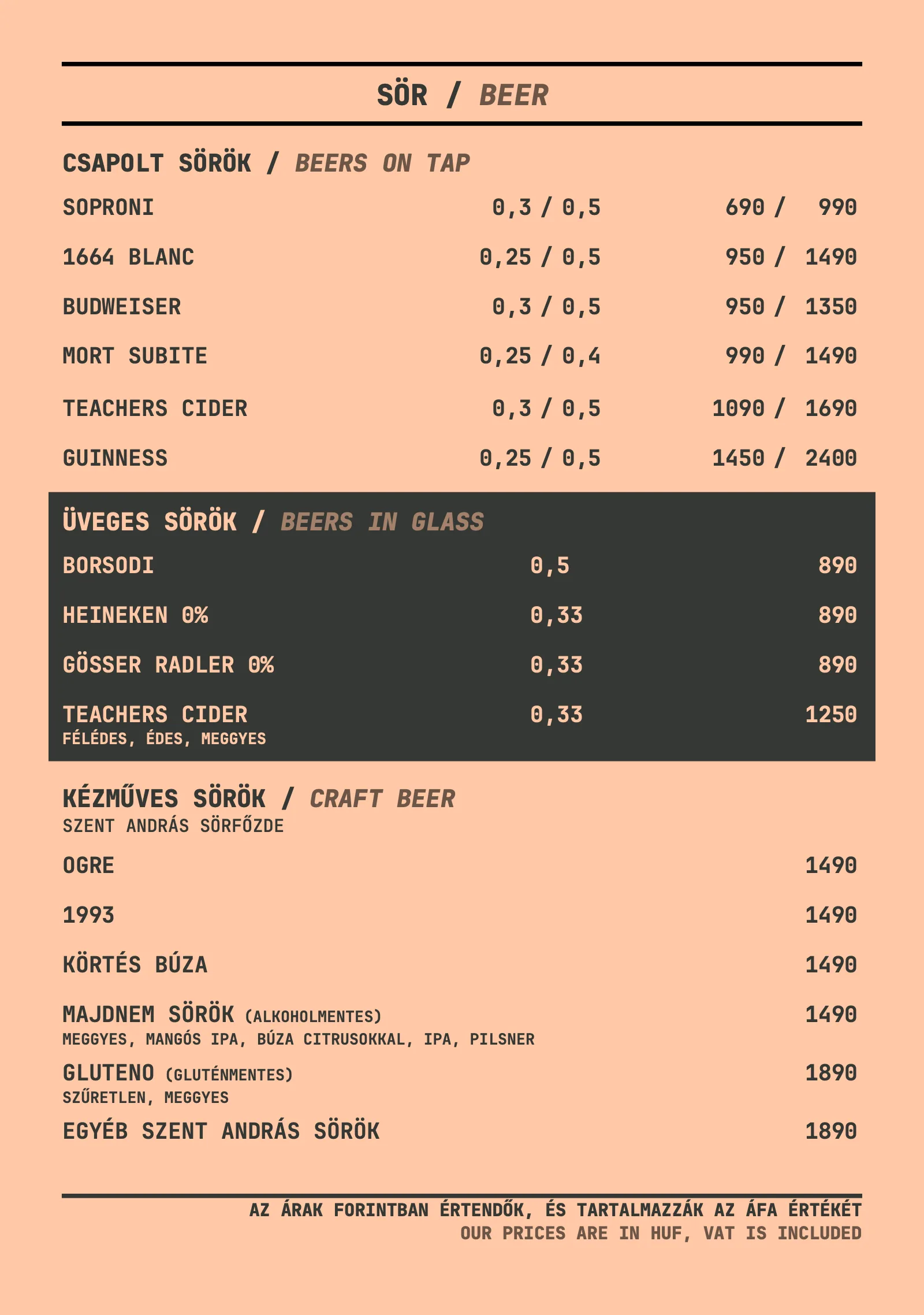 The beer page of the drinks list: draught beers, bottled beers and craft beers from the Szent András brewery, with sizes and forint prices