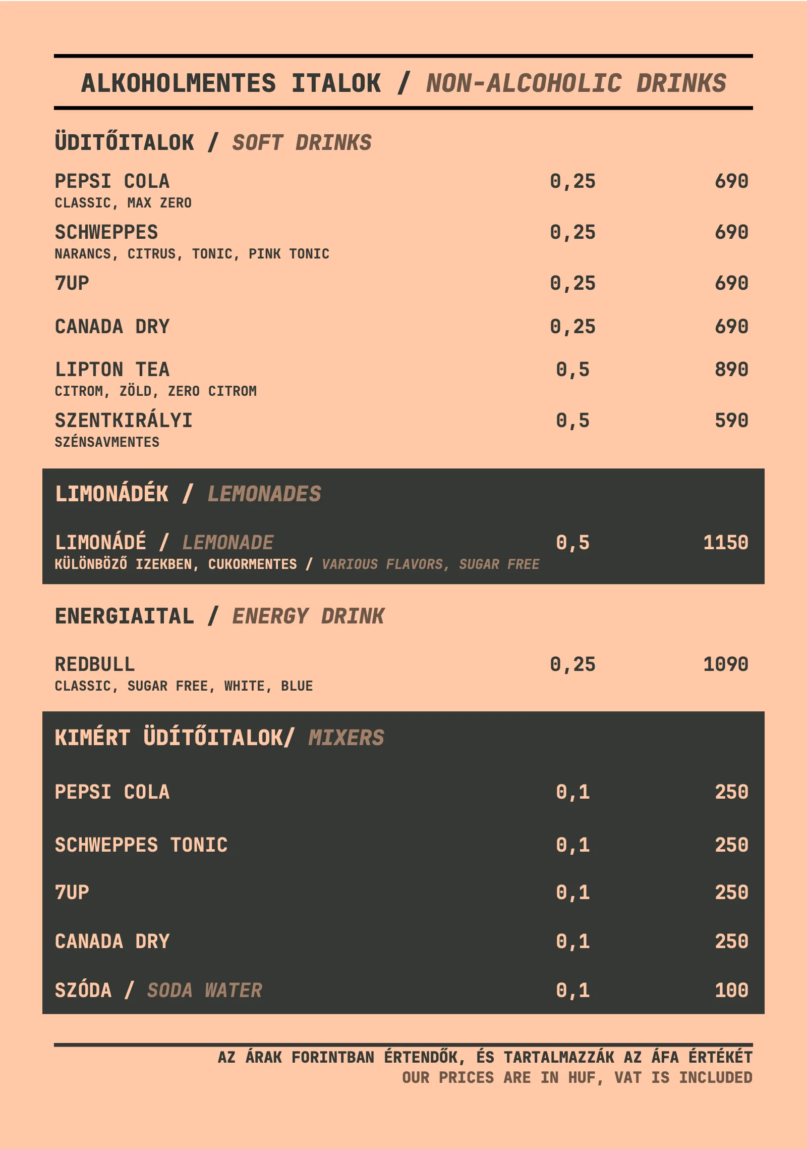 The non-alcoholic page of the drinks list: soft drinks, lemonades, energy drinks and mixers with sizes and forint prices