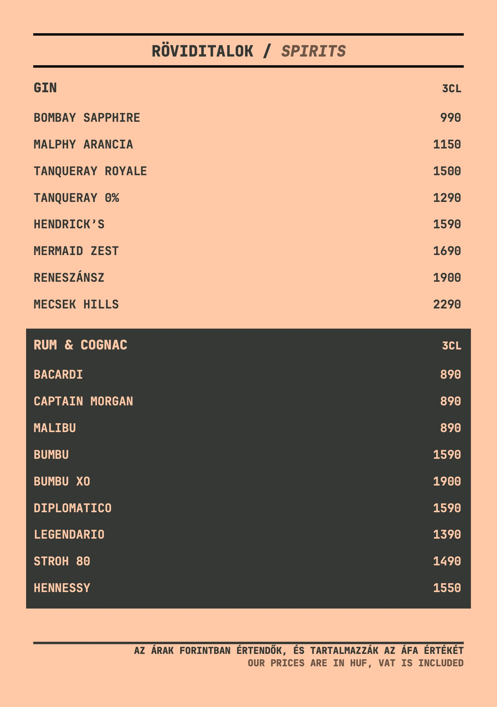 A spirits page of the drinks list: gins, rums and cognac priced per 3 cl