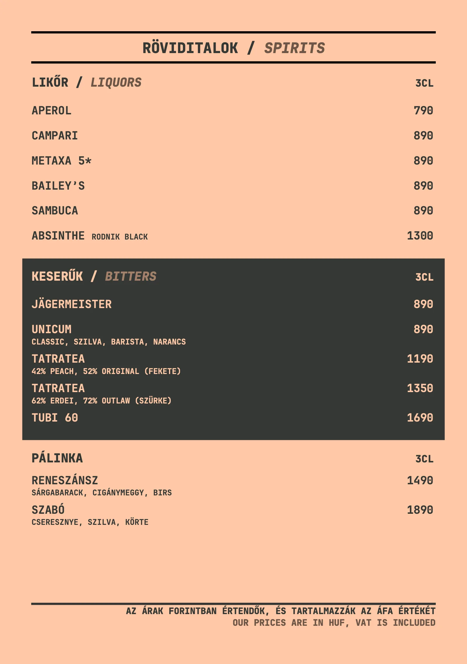A spirits page of the drinks list: liqueurs, bitters and pálinkas priced per 3 cl