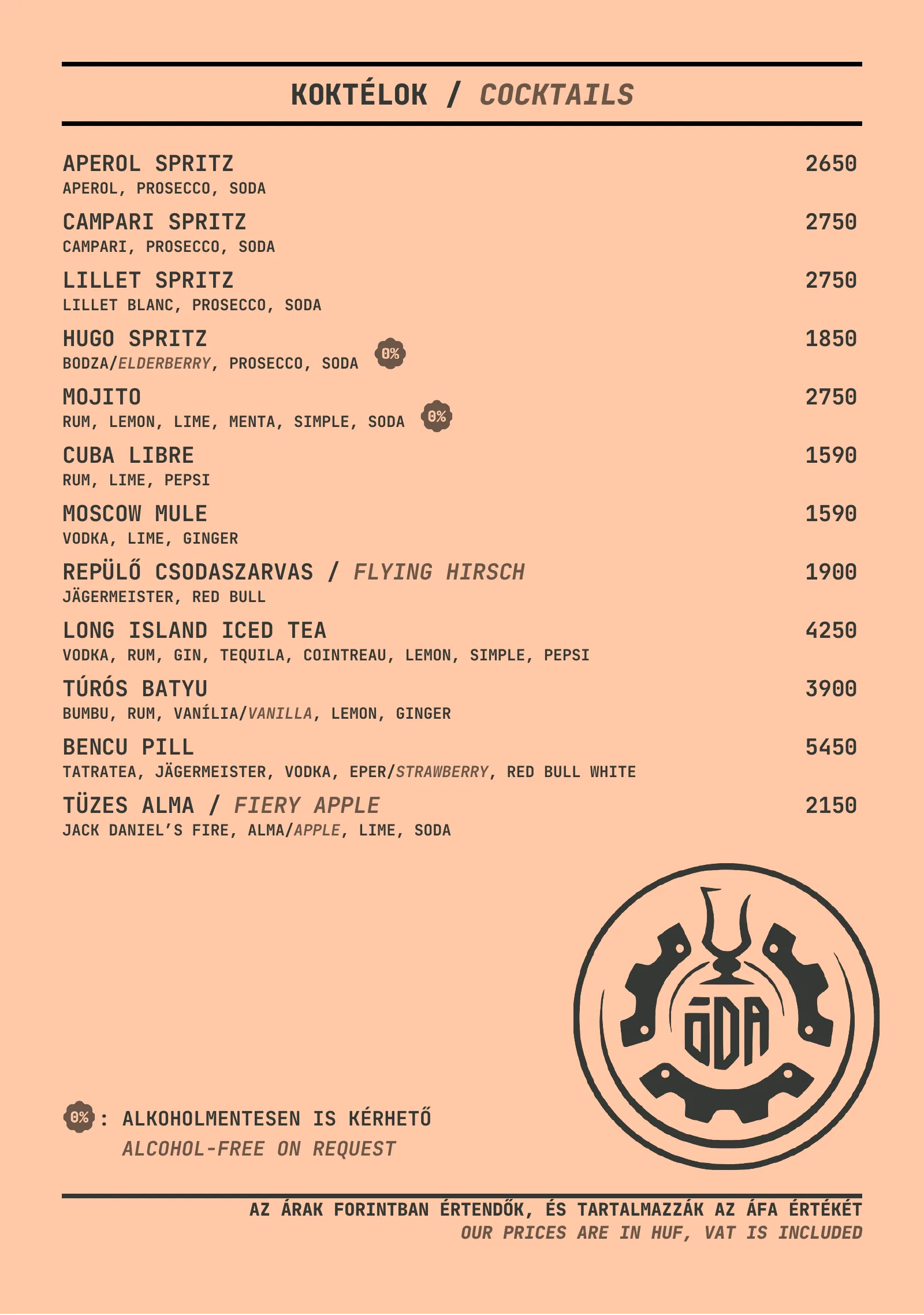 The everyday cocktail list: spritzes, long drinks and house cocktails, with ingredients and forint prices; marked items are available alcohol-free