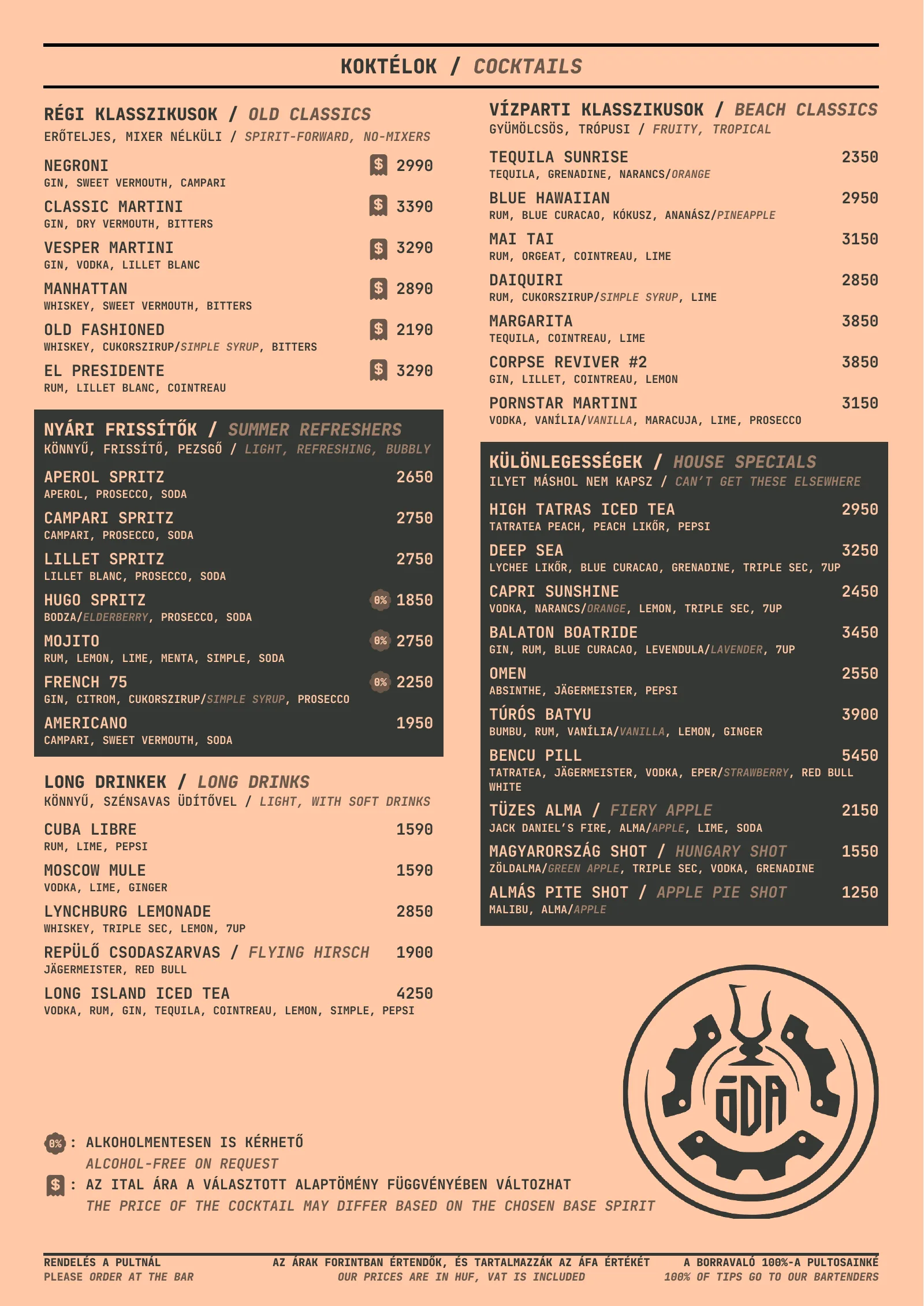 The fuller list for Wednesday cocktail day: old classics, summer refreshers, long drinks, beach classics and house specials, with ingredients and forint prices; marked items are available alcohol-free
