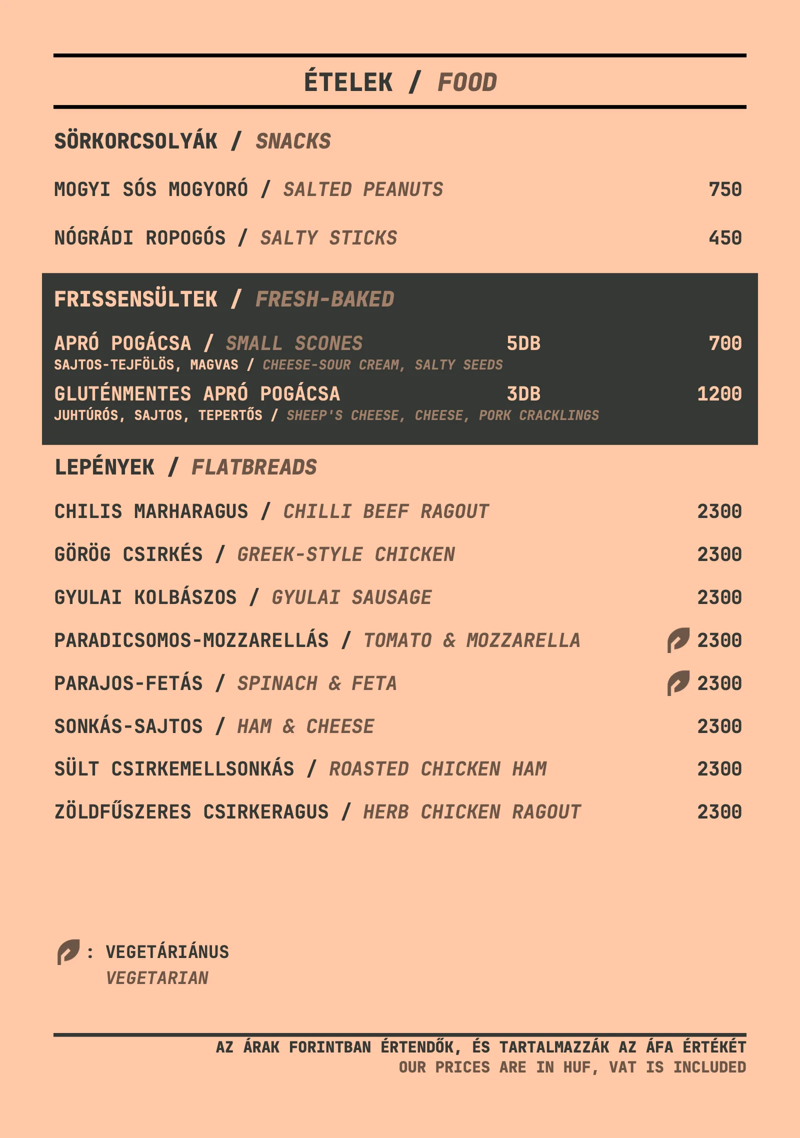 The food page of the menu: snacks, fresh-baked scones and flatbreads with forint prices, vegetarian items marked with a leaf