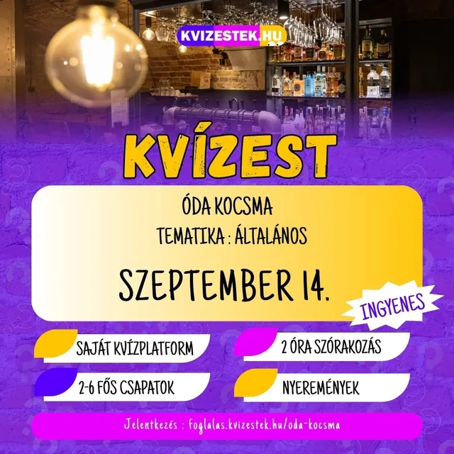 Quiz night poster — Óda Kocsma, general knowledge, 14 September, free entry, teams of 2–6, sign up at foglalas.kvizestek.hu/oda-kocsma